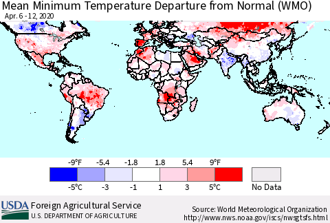World Mean Minimum Temperature Departure from Normal (WMO) Thematic Map For 4/6/2020 - 4/12/2020