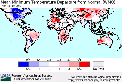 World Mean Minimum Temperature Departure from Normal (WMO) Thematic Map For 4/13/2020 - 4/19/2020