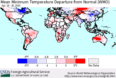 World Mean Minimum Temperature Departure from Normal (WMO) Thematic Map For 4/20/2020 - 4/26/2020