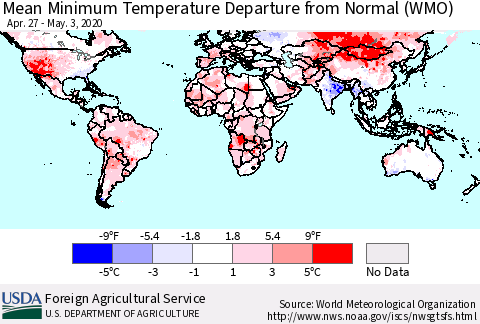 World Mean Minimum Temperature Departure from Normal (WMO) Thematic Map For 4/27/2020 - 5/3/2020