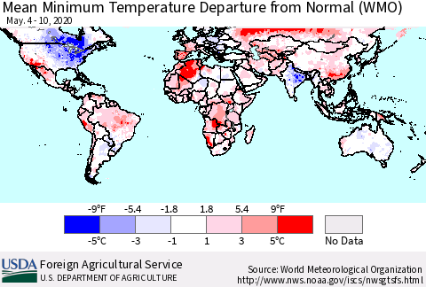World Mean Minimum Temperature Departure from Normal (WMO) Thematic Map For 5/4/2020 - 5/10/2020