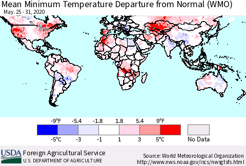 World Mean Minimum Temperature Departure from Normal (WMO) Thematic Map For 5/25/2020 - 5/31/2020