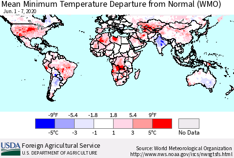 World Mean Minimum Temperature Departure from Normal (WMO) Thematic Map For 6/1/2020 - 6/7/2020