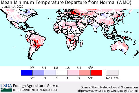 World Mean Minimum Temperature Departure from Normal (WMO) Thematic Map For 6/8/2020 - 6/14/2020