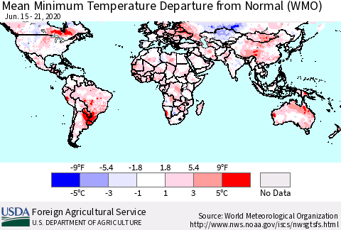 World Mean Minimum Temperature Departure from Normal (WMO) Thematic Map For 6/15/2020 - 6/21/2020