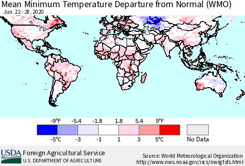 World Mean Minimum Temperature Departure from Normal (WMO) Thematic Map For 6/22/2020 - 6/28/2020
