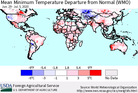 World Mean Minimum Temperature Departure from Normal (WMO) Thematic Map For 6/29/2020 - 7/5/2020