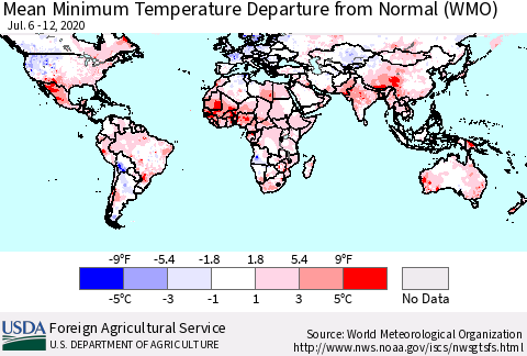 World Mean Minimum Temperature Departure from Normal (WMO) Thematic Map For 7/6/2020 - 7/12/2020