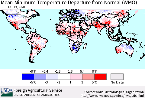 World Mean Minimum Temperature Departure from Normal (WMO) Thematic Map For 7/13/2020 - 7/19/2020