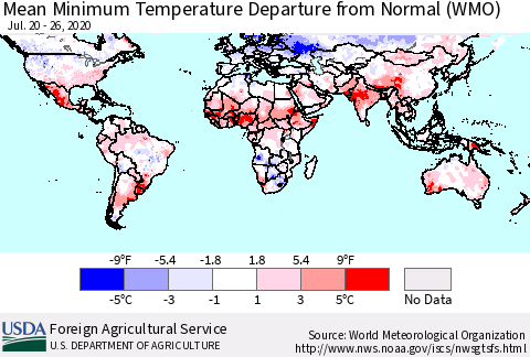 World Mean Minimum Temperature Departure from Normal (WMO) Thematic Map For 7/20/2020 - 7/26/2020