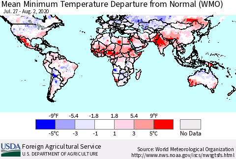 World Mean Minimum Temperature Departure from Normal (WMO) Thematic Map For 7/27/2020 - 8/2/2020