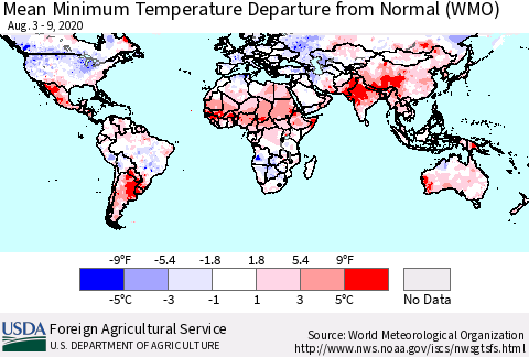 World Mean Minimum Temperature Departure from Normal (WMO) Thematic Map For 8/3/2020 - 8/9/2020