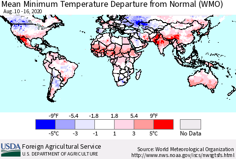 World Mean Minimum Temperature Departure from Normal (WMO) Thematic Map For 8/10/2020 - 8/16/2020