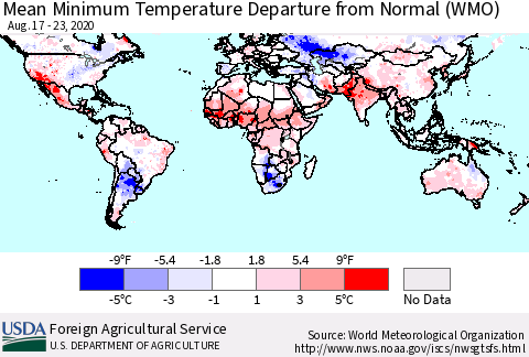 World Mean Minimum Temperature Departure from Normal (WMO) Thematic Map For 8/17/2020 - 8/23/2020