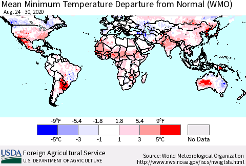 World Mean Minimum Temperature Departure from Normal (WMO) Thematic Map For 8/24/2020 - 8/30/2020