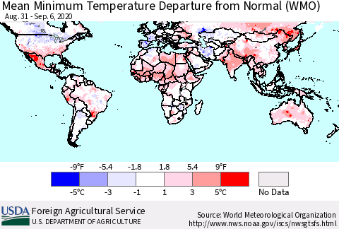 World Mean Minimum Temperature Departure from Normal (WMO) Thematic Map For 8/31/2020 - 9/6/2020