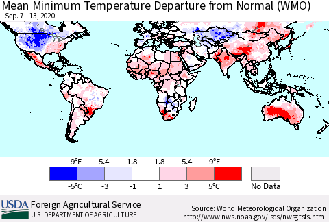 World Mean Minimum Temperature Departure from Normal (WMO) Thematic Map For 9/7/2020 - 9/13/2020