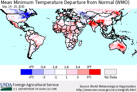 World Mean Minimum Temperature Departure from Normal (WMO) Thematic Map For 9/14/2020 - 9/20/2020