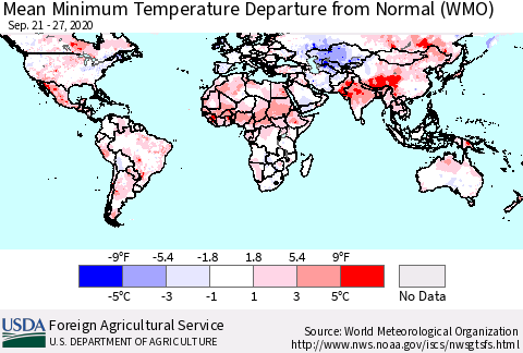 World Mean Minimum Temperature Departure from Normal (WMO) Thematic Map For 9/21/2020 - 9/27/2020