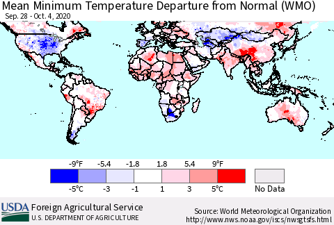 World Mean Minimum Temperature Departure from Normal (WMO) Thematic Map For 9/28/2020 - 10/4/2020