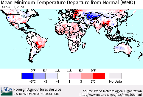 World Mean Minimum Temperature Departure from Normal (WMO) Thematic Map For 10/5/2020 - 10/11/2020