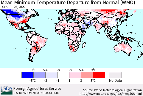 World Mean Minimum Temperature Departure from Normal (WMO) Thematic Map For 10/19/2020 - 10/25/2020