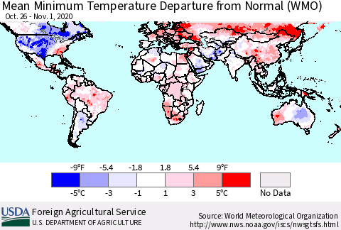 World Mean Minimum Temperature Departure from Normal (WMO) Thematic Map For 10/26/2020 - 11/1/2020