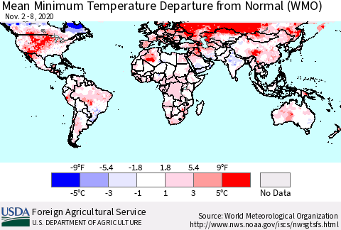 World Mean Minimum Temperature Departure from Normal (WMO) Thematic Map For 11/2/2020 - 11/8/2020