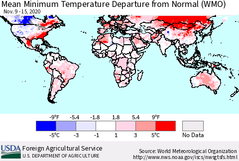 World Mean Minimum Temperature Departure from Normal (WMO) Thematic Map For 11/9/2020 - 11/15/2020
