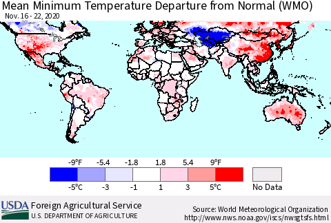 World Mean Minimum Temperature Departure from Normal (WMO) Thematic Map For 11/16/2020 - 11/22/2020