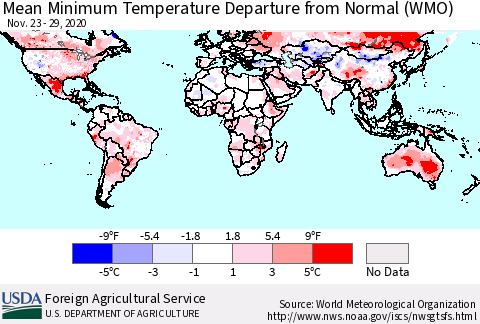 World Mean Minimum Temperature Departure from Normal (WMO) Thematic Map For 11/23/2020 - 11/29/2020