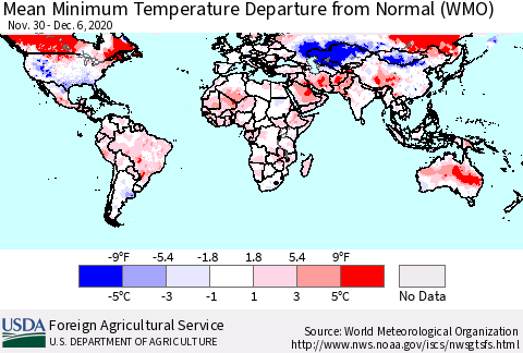 World Mean Minimum Temperature Departure from Normal (WMO) Thematic Map For 11/30/2020 - 12/6/2020