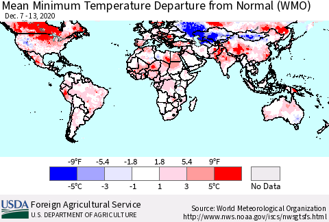 World Mean Minimum Temperature Departure from Normal (WMO) Thematic Map For 12/7/2020 - 12/13/2020