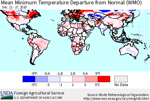 World Mean Minimum Temperature Departure from Normal (WMO) Thematic Map For 12/21/2020 - 12/27/2020