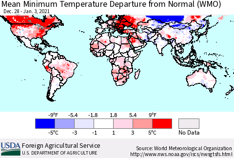 World Mean Minimum Temperature Departure from Normal (WMO) Thematic Map For 12/28/2020 - 1/3/2021