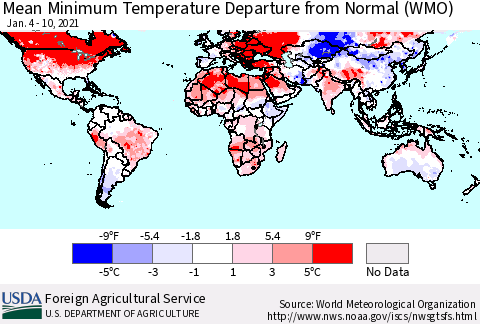 World Mean Minimum Temperature Departure from Normal (WMO) Thematic Map For 1/4/2021 - 1/10/2021