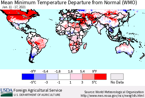 World Mean Minimum Temperature Departure from Normal (WMO) Thematic Map For 1/11/2021 - 1/17/2021