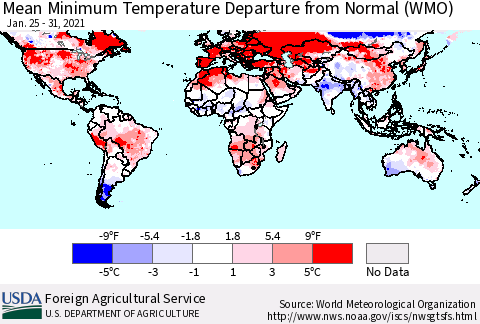 World Mean Minimum Temperature Departure from Normal (WMO) Thematic Map For 1/25/2021 - 1/31/2021