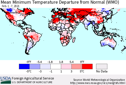 World Mean Minimum Temperature Departure from Normal (WMO) Thematic Map For 2/1/2021 - 2/7/2021