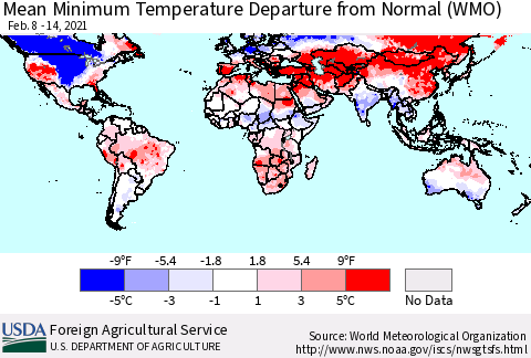 World Mean Minimum Temperature Departure from Normal (WMO) Thematic Map For 2/8/2021 - 2/14/2021