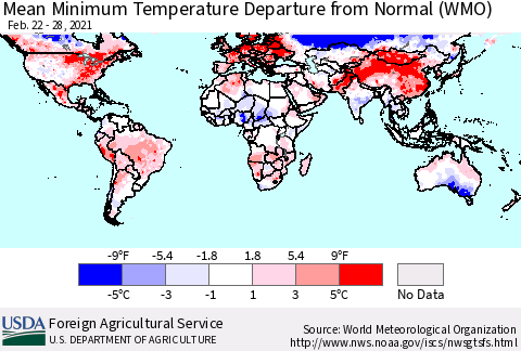 World Mean Minimum Temperature Departure from Normal (WMO) Thematic Map For 2/22/2021 - 2/28/2021