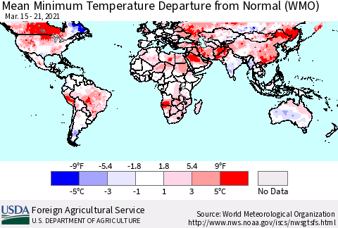 World Mean Minimum Temperature Departure from Normal (WMO) Thematic Map For 3/15/2021 - 3/21/2021