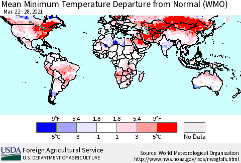 World Mean Minimum Temperature Departure from Normal (WMO) Thematic Map For 3/22/2021 - 3/28/2021