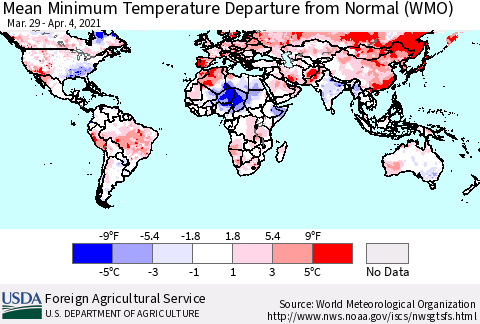 World Mean Minimum Temperature Departure from Normal (WMO) Thematic Map For 3/29/2021 - 4/4/2021