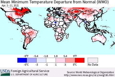 World Mean Minimum Temperature Departure from Normal (WMO) Thematic Map For 4/5/2021 - 4/11/2021