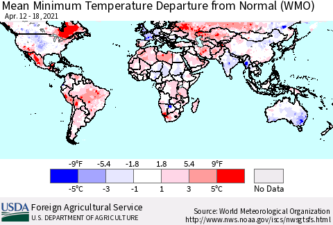 World Mean Minimum Temperature Departure from Normal (WMO) Thematic Map For 4/12/2021 - 4/18/2021