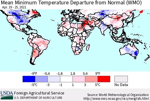 World Mean Minimum Temperature Departure from Normal (WMO) Thematic Map For 4/19/2021 - 4/25/2021