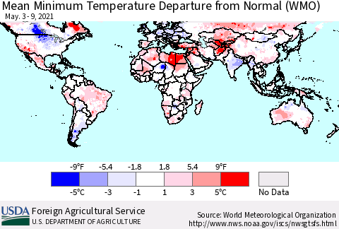 World Mean Minimum Temperature Departure from Normal (WMO) Thematic Map For 5/3/2021 - 5/9/2021