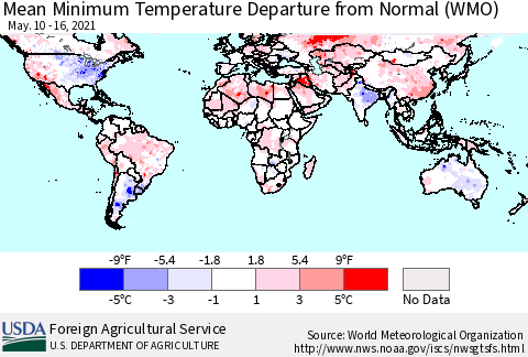 World Mean Minimum Temperature Departure from Normal (WMO) Thematic Map For 5/10/2021 - 5/16/2021