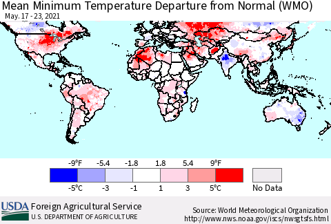 World Mean Minimum Temperature Departure from Normal (WMO) Thematic Map For 5/17/2021 - 5/23/2021